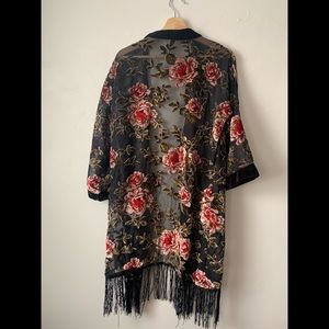 Velvet Floral Appliqué Sheer Fringe Kimono